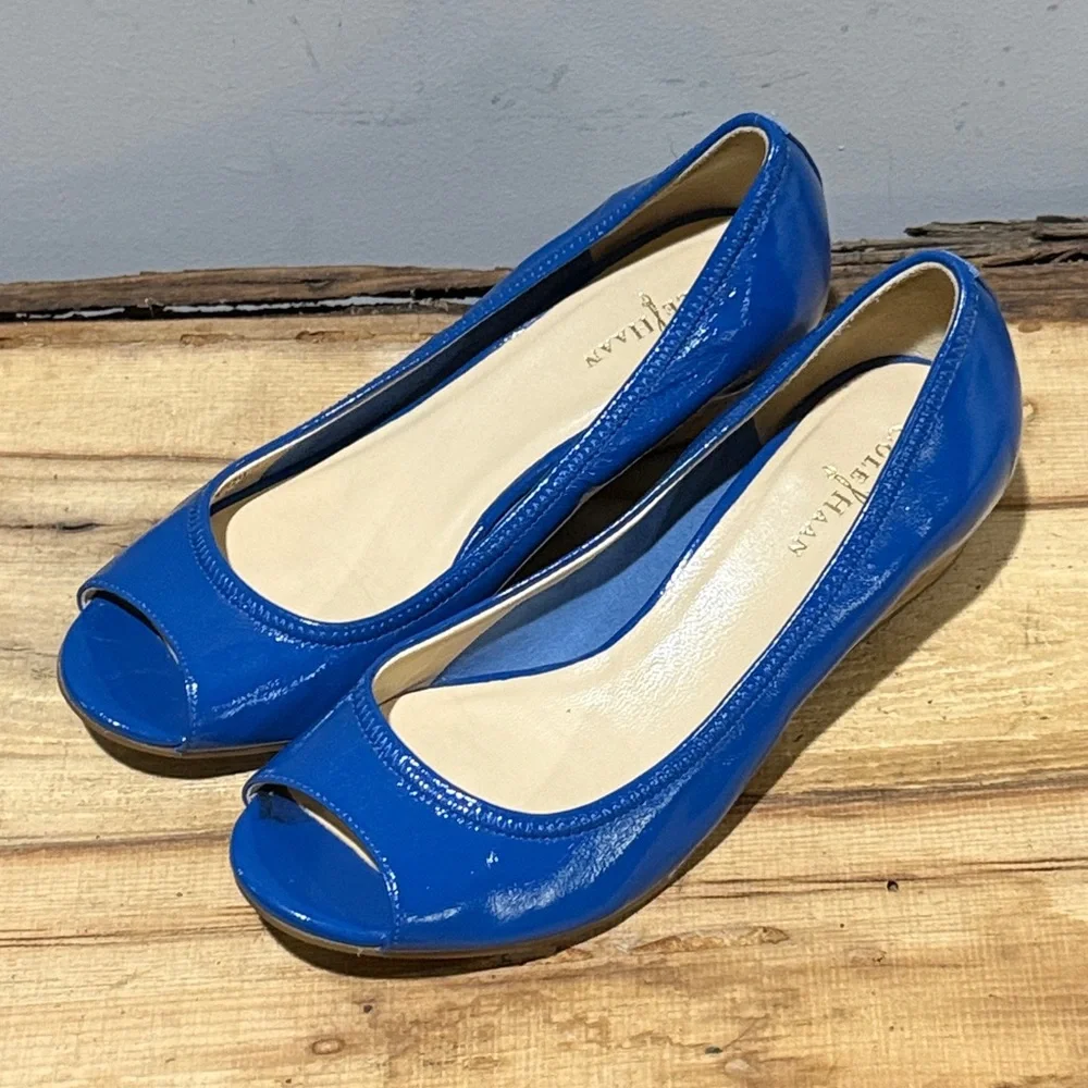 Cole Haan Nike Air Blue Patent Leather Peep‎ Toe Cork Wedges Sz 6B A34